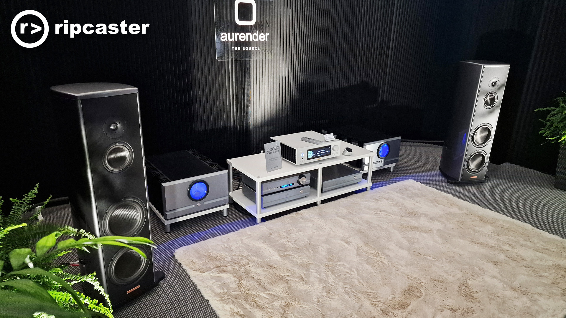 A pair of black floorstanding speakers either side of various bits of HiFi kit