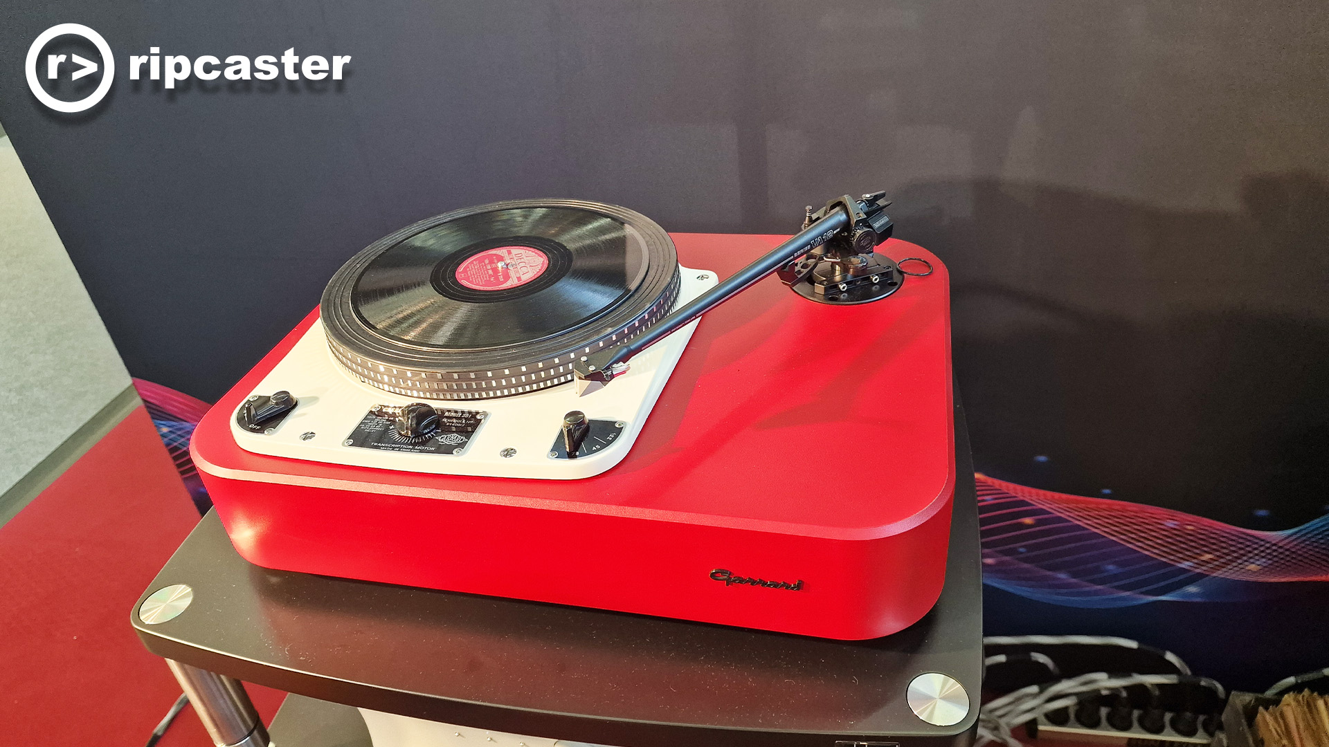 A closer view of the bright red record player