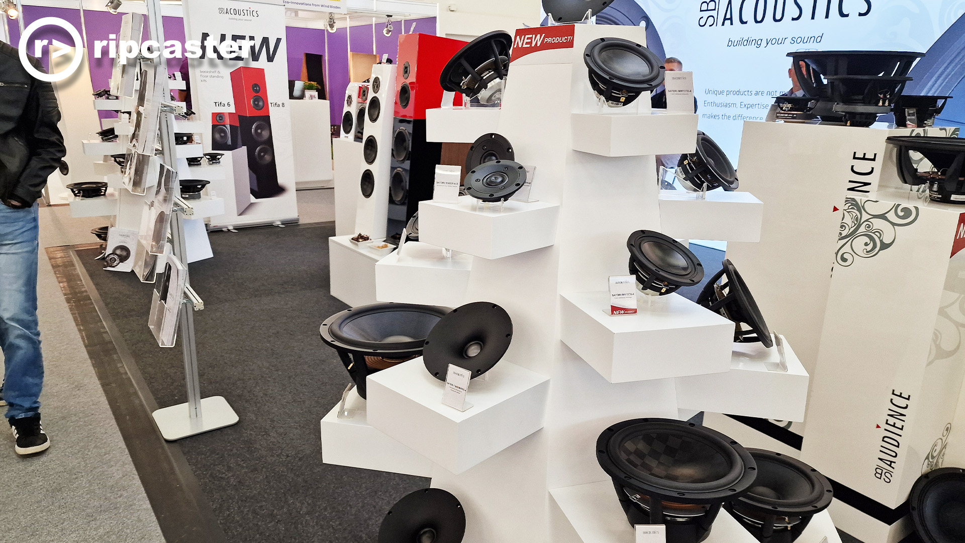 A stand at the Munich HiFi show showing speaker inserts