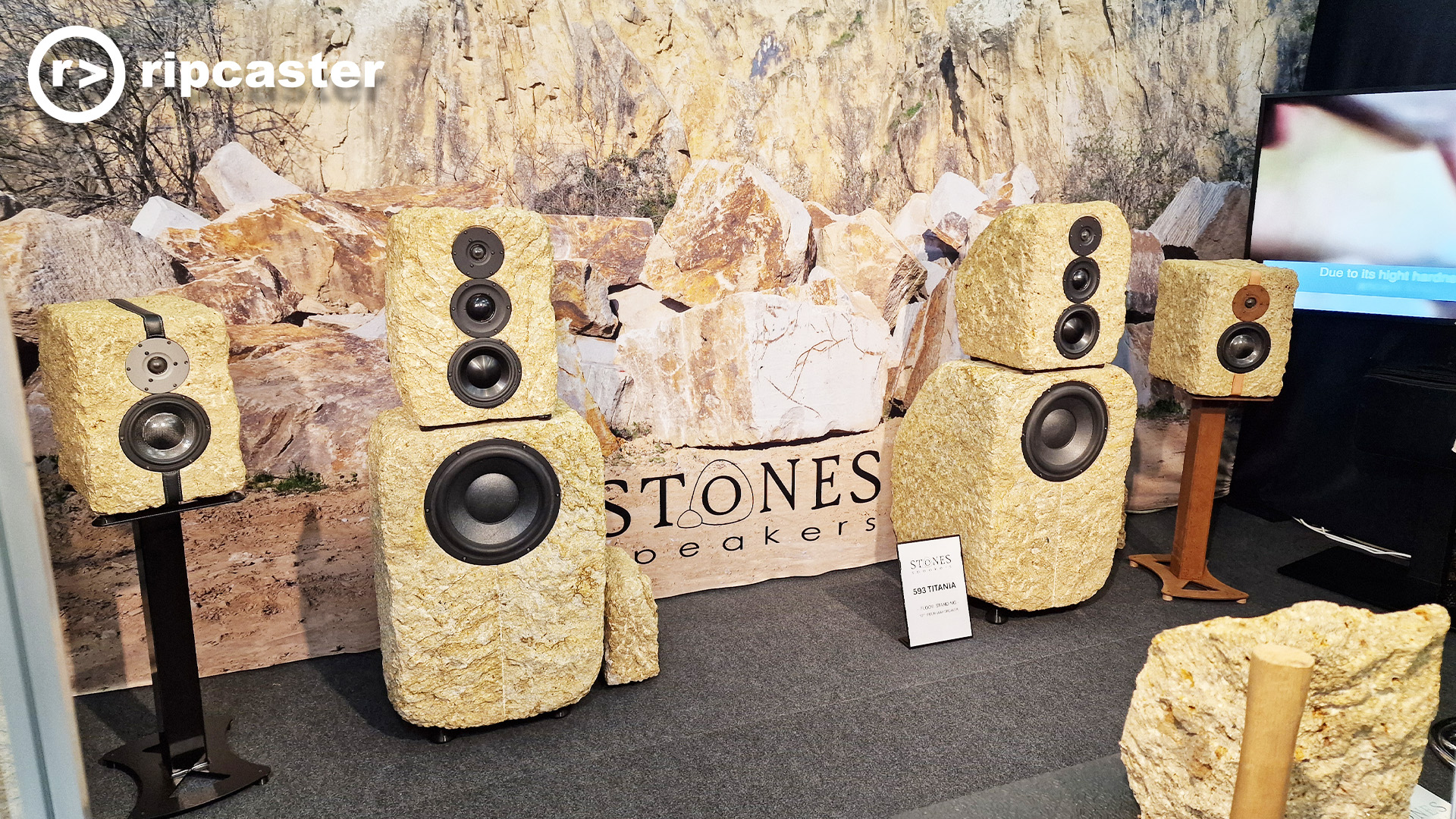 Speakers that look like rock a the Munich HiFi show.  They are sandstone coloured.