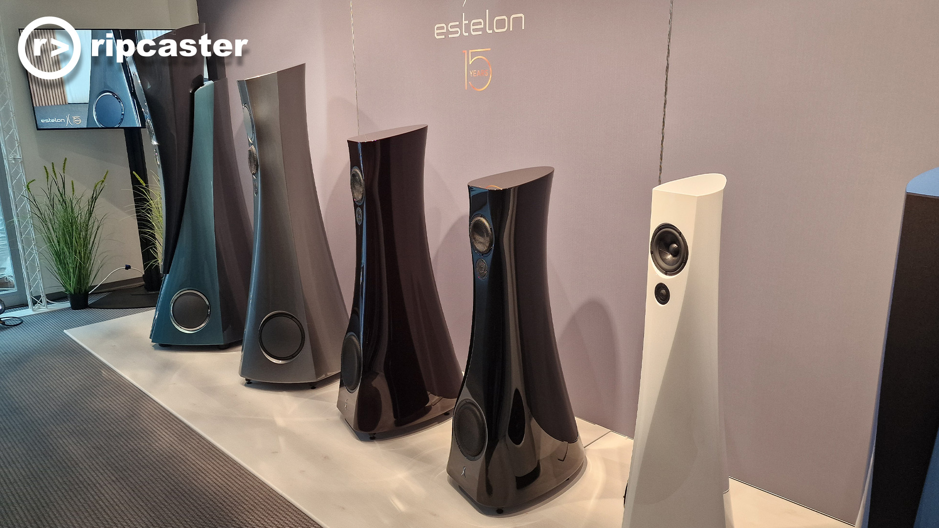 The line of Estelon speakers taken from the other end with the smallest one closest to the camera.