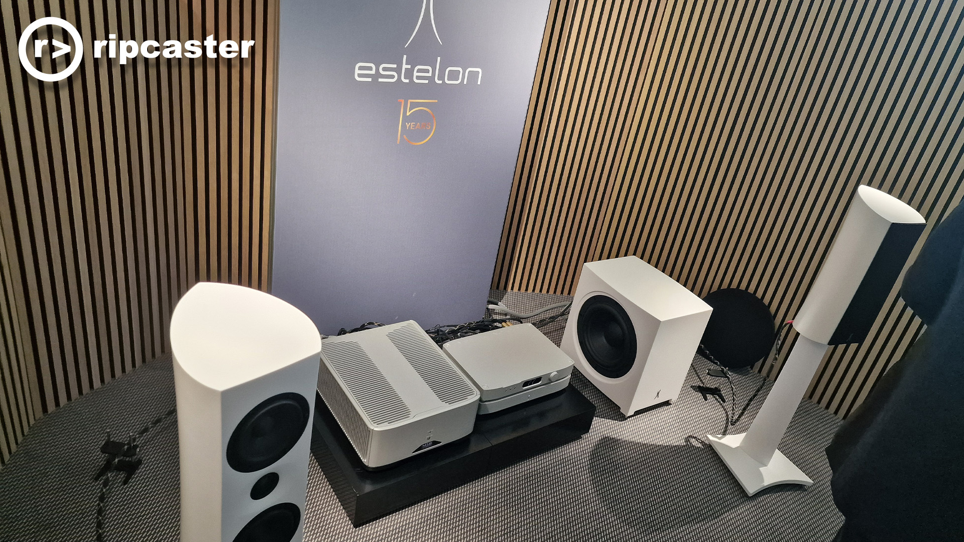 Estelon speakers in white with HiFi kit between them.  These are bookshelf speakers on stands.