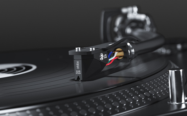 Ortofon Black LVB 250 cartridge on a tonearm playing a record