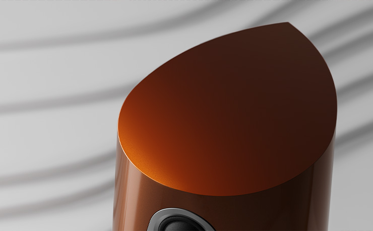 The teardrop shape top of the 360 speaker in the single malt finish