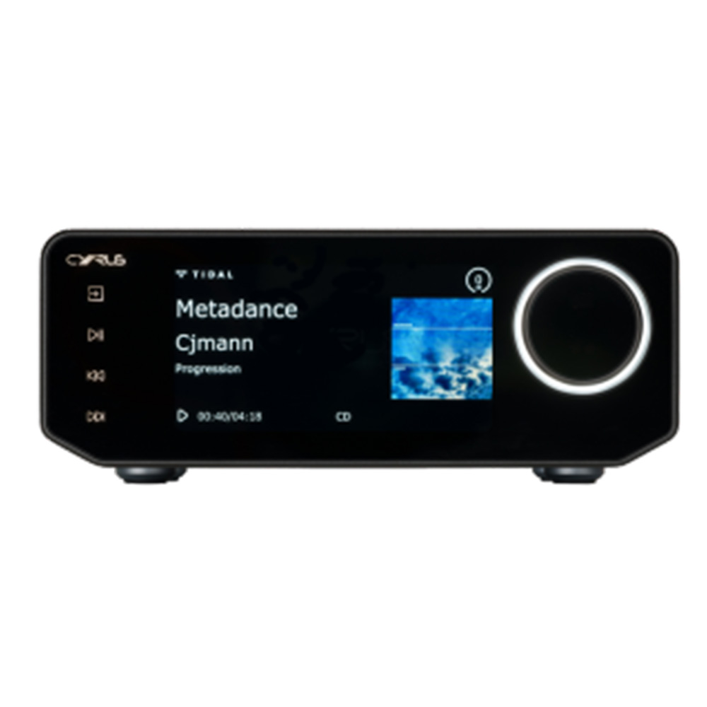 The front view of the Cyrus 40 CD with a display showing what's playing