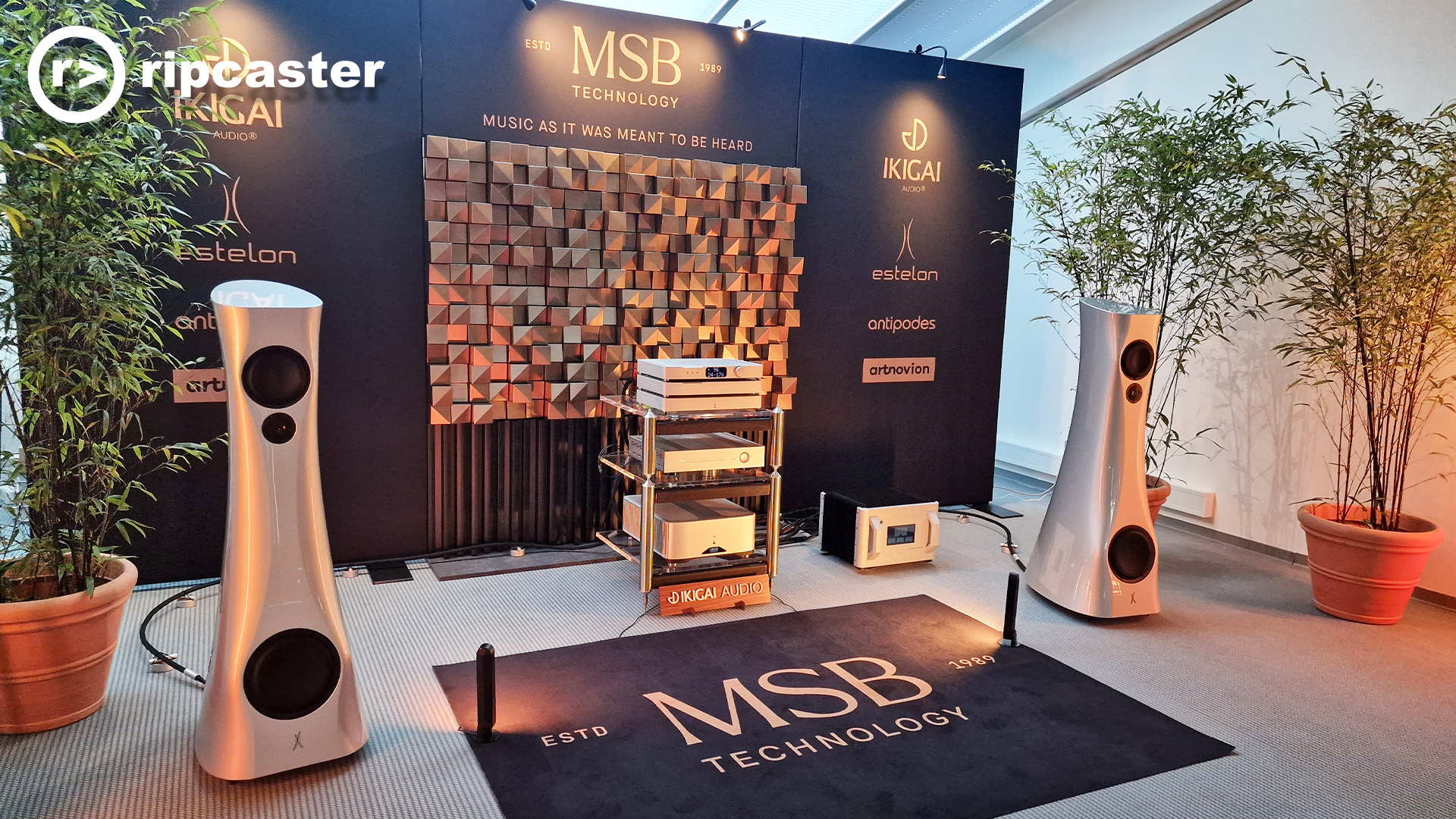 Large silver floorstanding speakers with HiFi equipment between them and large plants beside them.