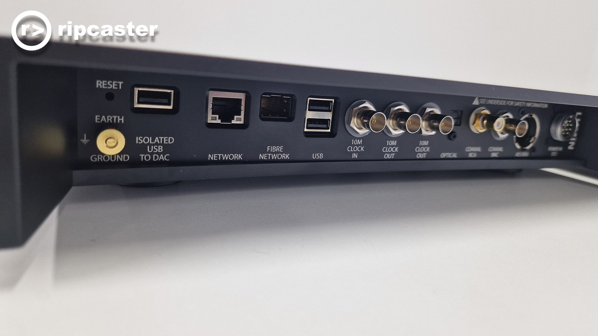 The rear of a black HiFi box showing all the connecting options