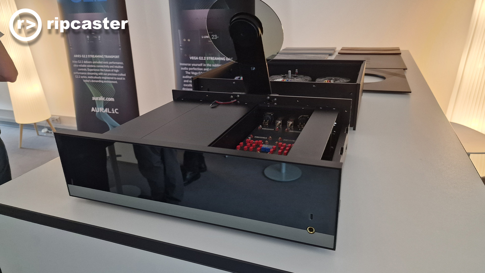 An open HiFi box showing the inside of it.  This is Auralic.