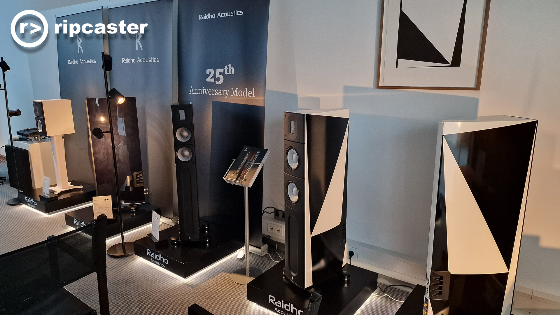 Black and white Raidho speakers.
