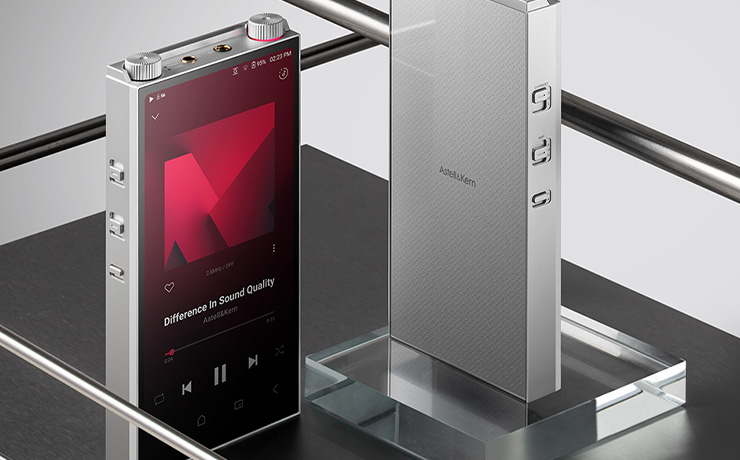 A pair of Astell & Kern PD20 Portable players - one angled for a front view and one angled for a rear view