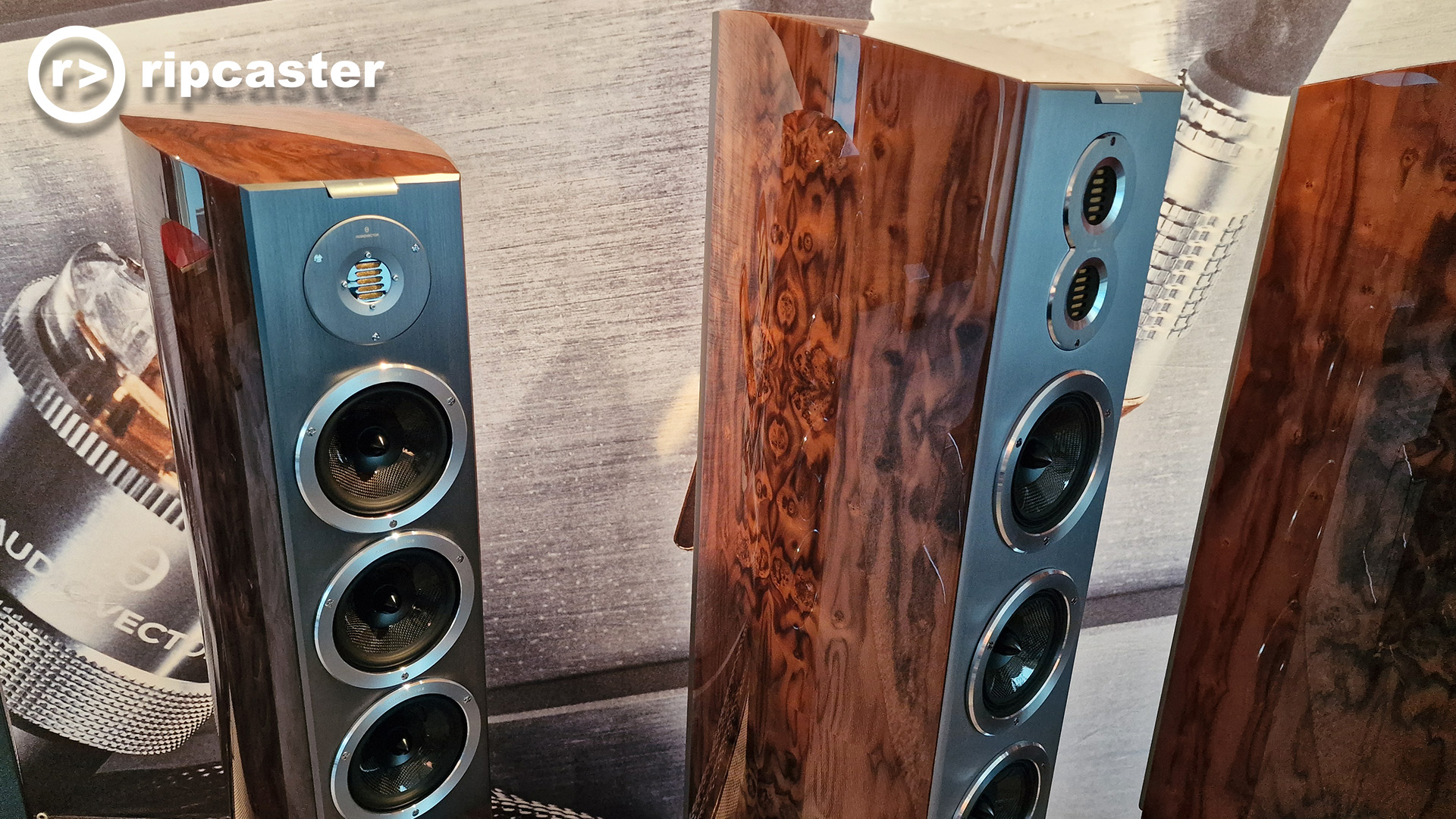 Audiovector floor standing speakers in their burl finish