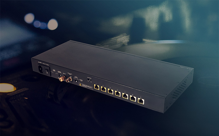 Silent Angel Bonn N8 Pro Audio Switch on a blurry blue background