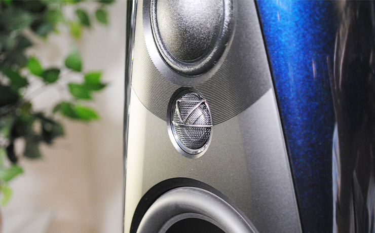 The ripcaster Linn 360 in the Heritage finish.  Close-up of the front with the blue looking bright in this lighting.