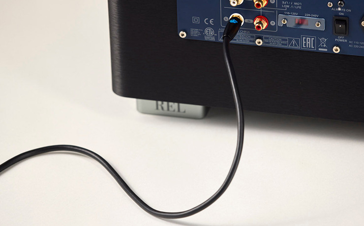 the rear of a REL sub with a black cable connected in the back.