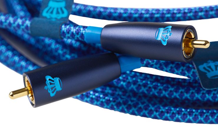 A blue and light blue cable with light blue REL logos on the connectors