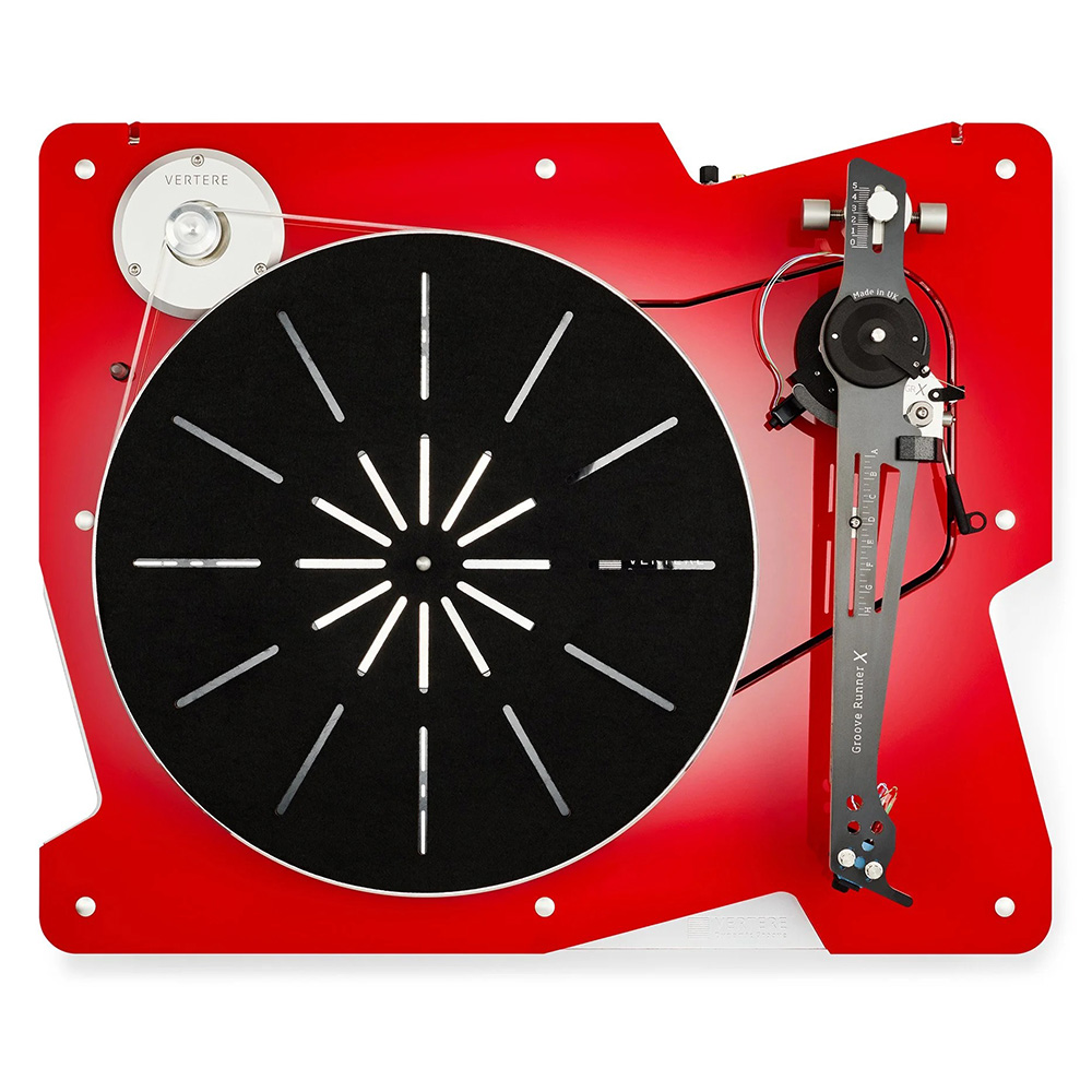 A top-down view of the Vertere DG-X.  The record player is a bright red colour