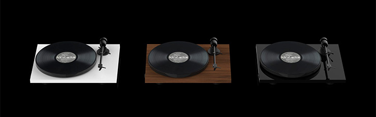 The three finish options for the Project E1 turntable side-by-side