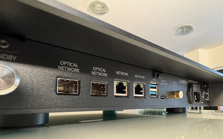 The Lumin L2 Music Library in black viewed from the rear.