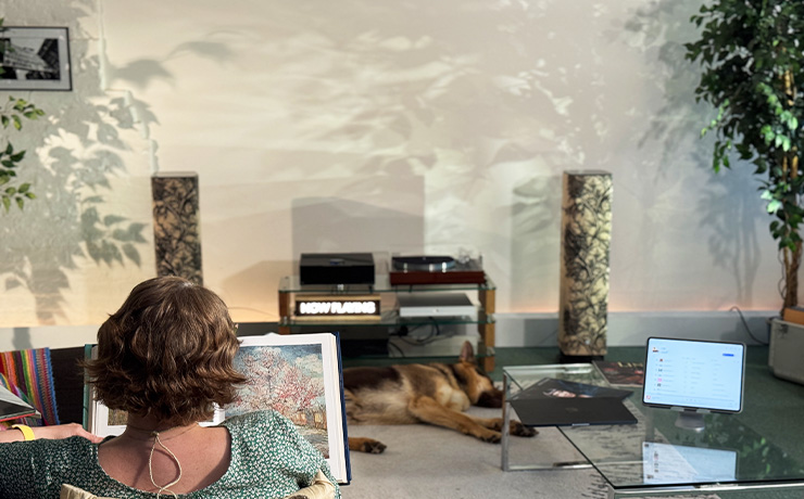 The ripcaster Linn 530 speakers in Timorous Beasties Thistle. The speakers are on the back wall of the showroom with pieces of HiFi equipment between them. In front of the HiFi equipment is a sleeping German Shepherd and a woman viewed from behind is in the foreground. She's looking at a Van Gogh cherry blossom painting.