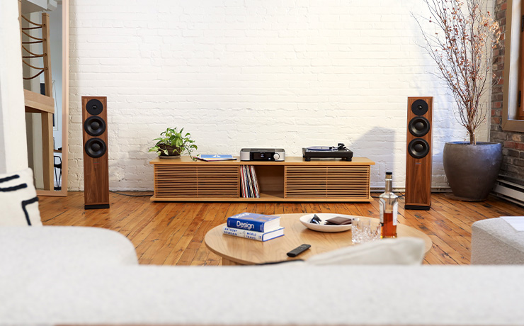 A living room with a pair of floor standing speakers. The Moon 371 is on a low wooden unit