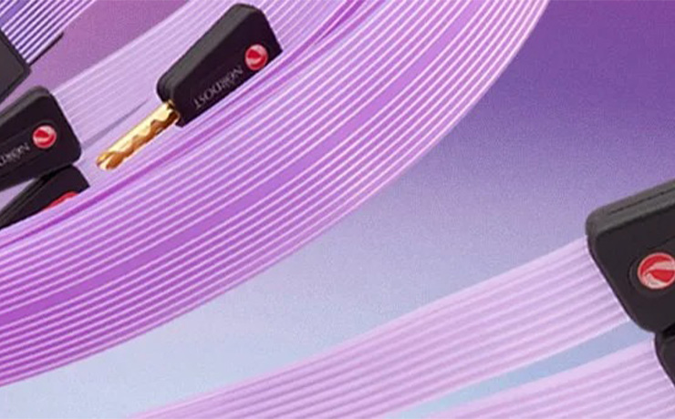 Nordost Purple Flare 3 speaker cable close-up on a purple background