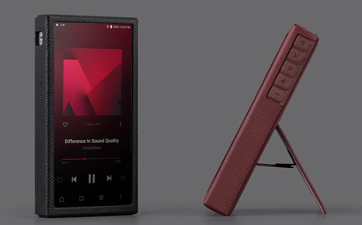 A pair of Astell & Kern PD10 cases with the players inside.  One in burgundy and one in black