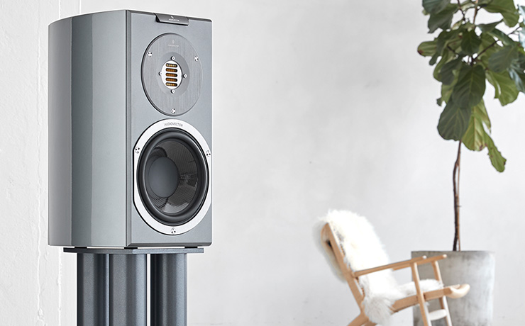 Audiovector R1 Signature speaker with a chair and large plant in the background