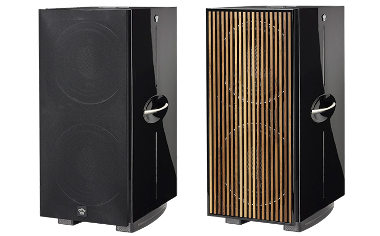 A pair of REL 212 Black Label Subwoofers, one with a cloth grille and one with a wooden grille