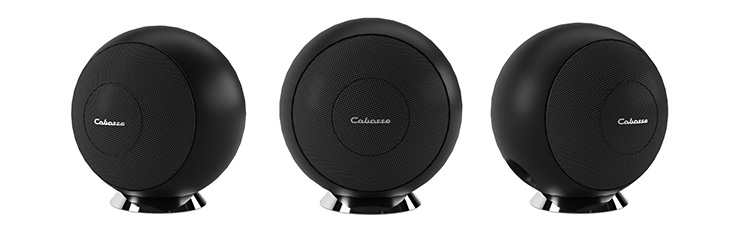 Three Cabasse Riga 2 speakers in black. Each facing a different way.