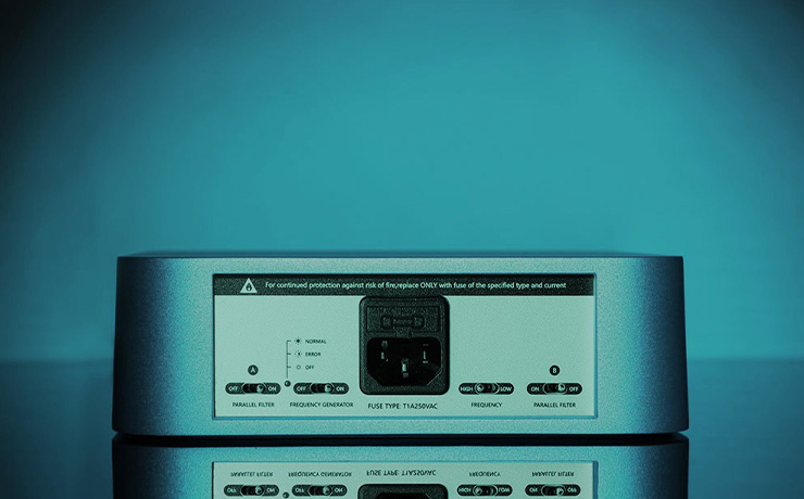Silent Angel FPC Power supply rear view with blue lighting reflecting from the silver surface of the unit