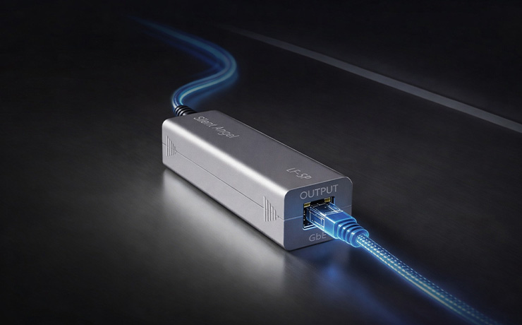 Silent Angel LF-SP Network Filter with blue cables connected to the input and output side