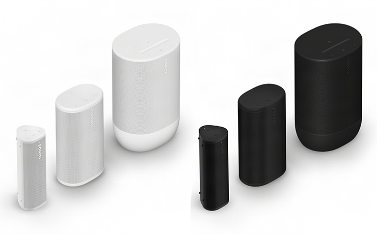 The three portable Sonos speakers in black and white.  Three white: Roam, Play and Move beside three black Roam, Play and Move