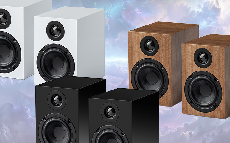 Three pairs of Project Speaker Box 3E speakers in white, walnut and black
