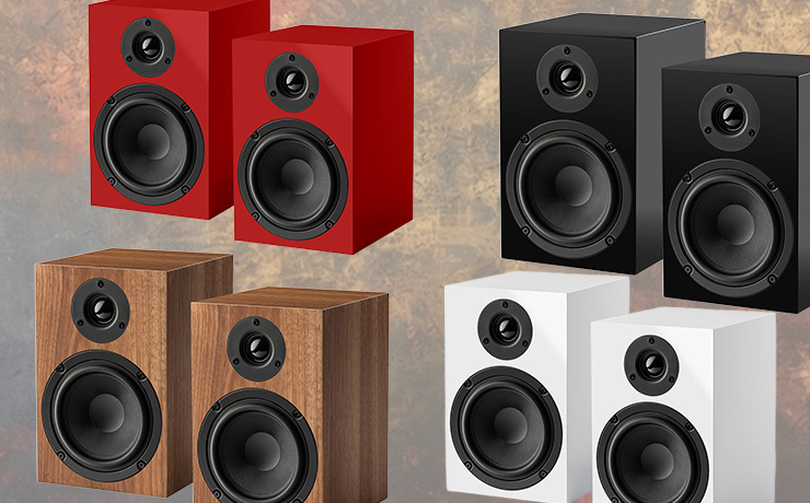 Four pairs of Project Speaker Box 5 E speakers, one in each of the finishes