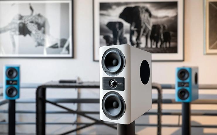 A white S3 speaker in the foreground with a pair of blue S3 speakers in the background