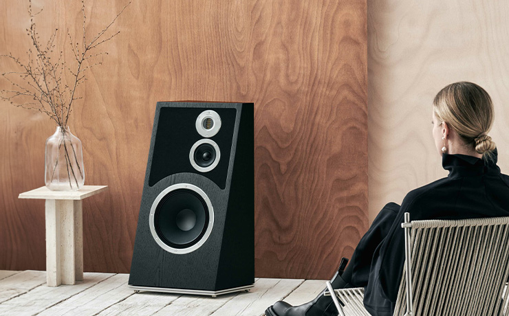 Audiovector Trapeze Ri speaker in black ash beside a vase with twigs in it on a small table. There's a woman in the foreground viewed from behind sitting on a chair.