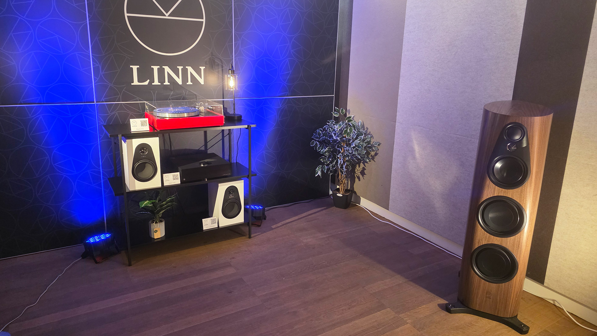 The Linn room with a red LP12, a walnut 360 speaker and a pair of Linn 119 speakers