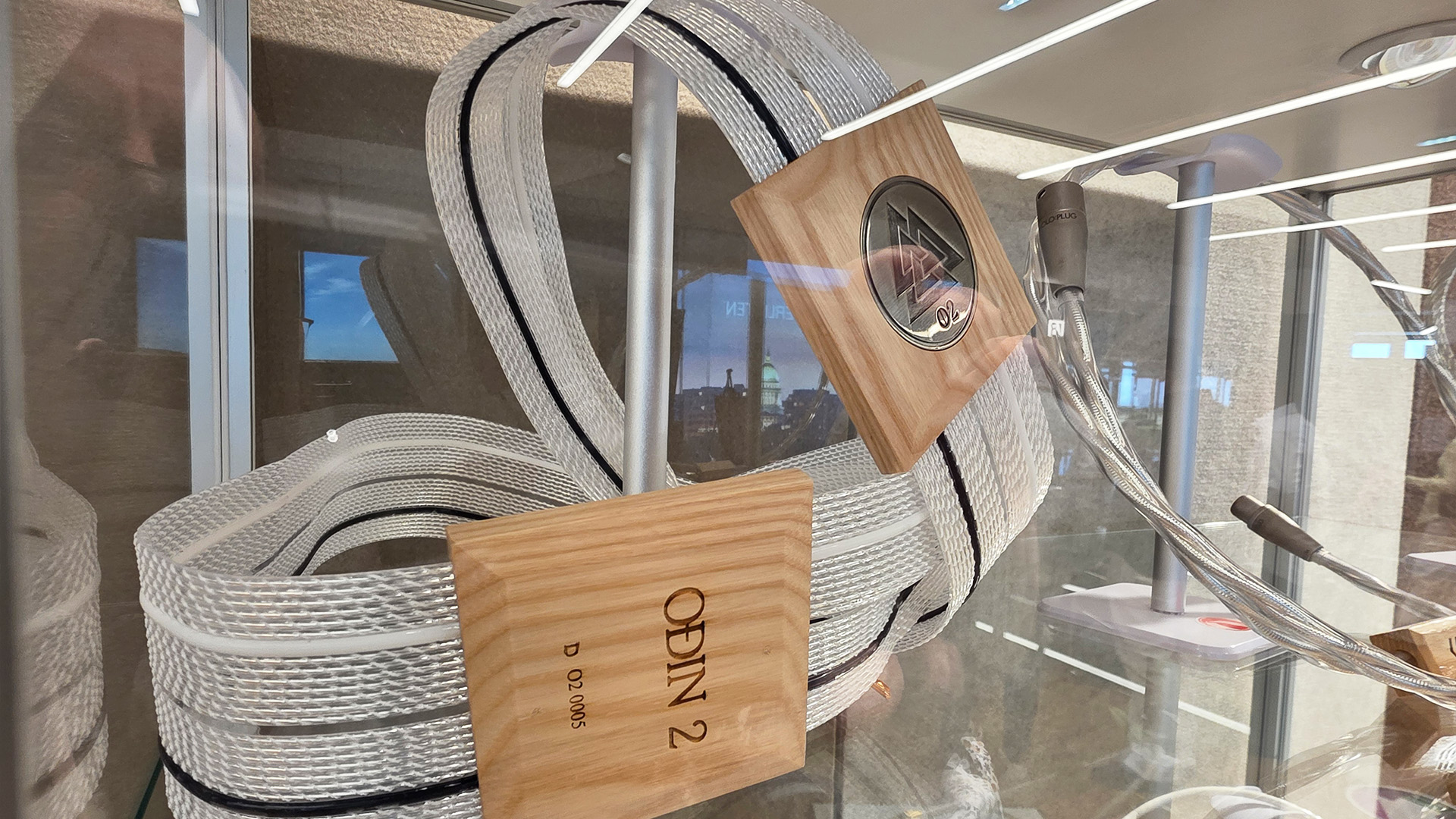 A close view of a Nordost Odin cable - the cable is in a glass cabinet