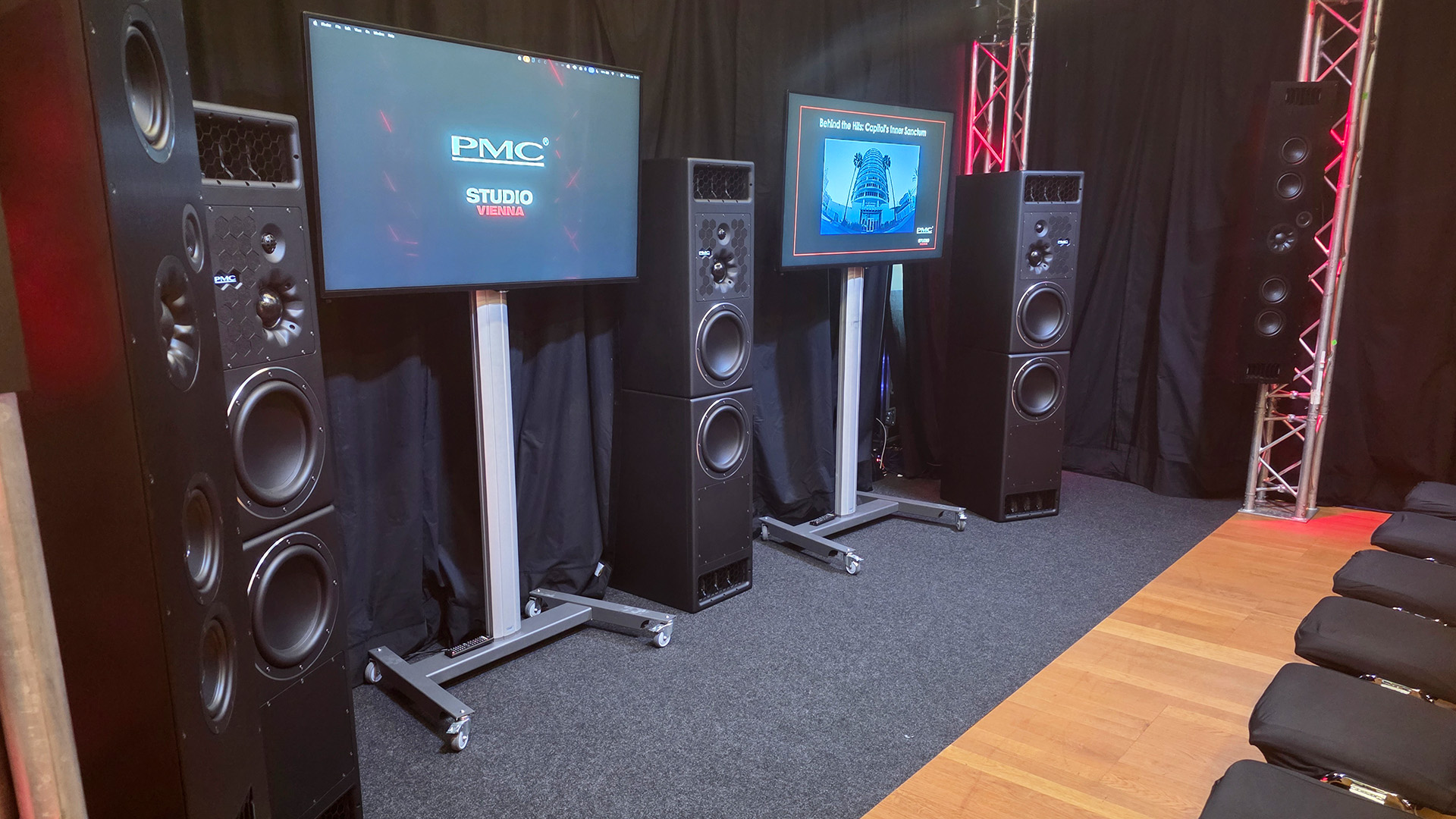 floorstanding speakers in the PMC room