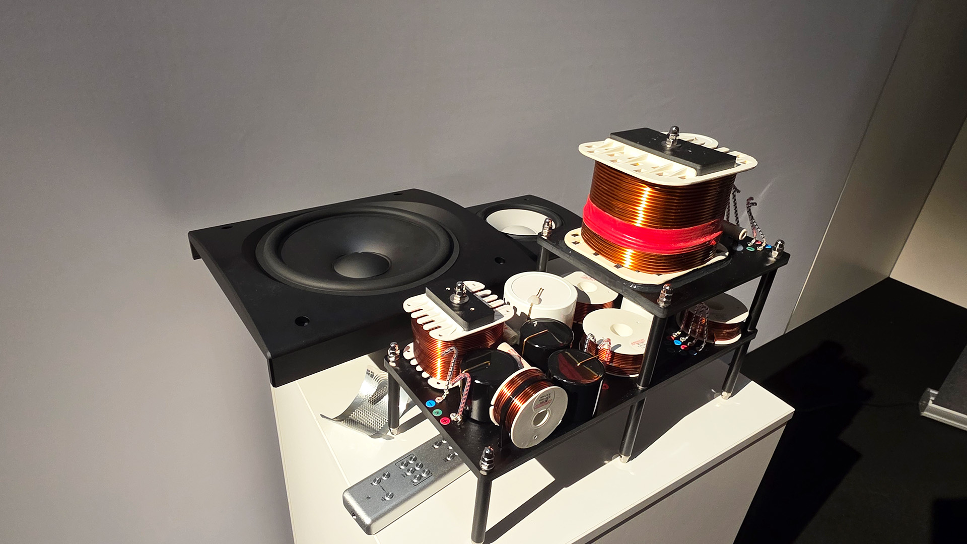 A selection of coils and a remote control along with a view of the front of the speaker