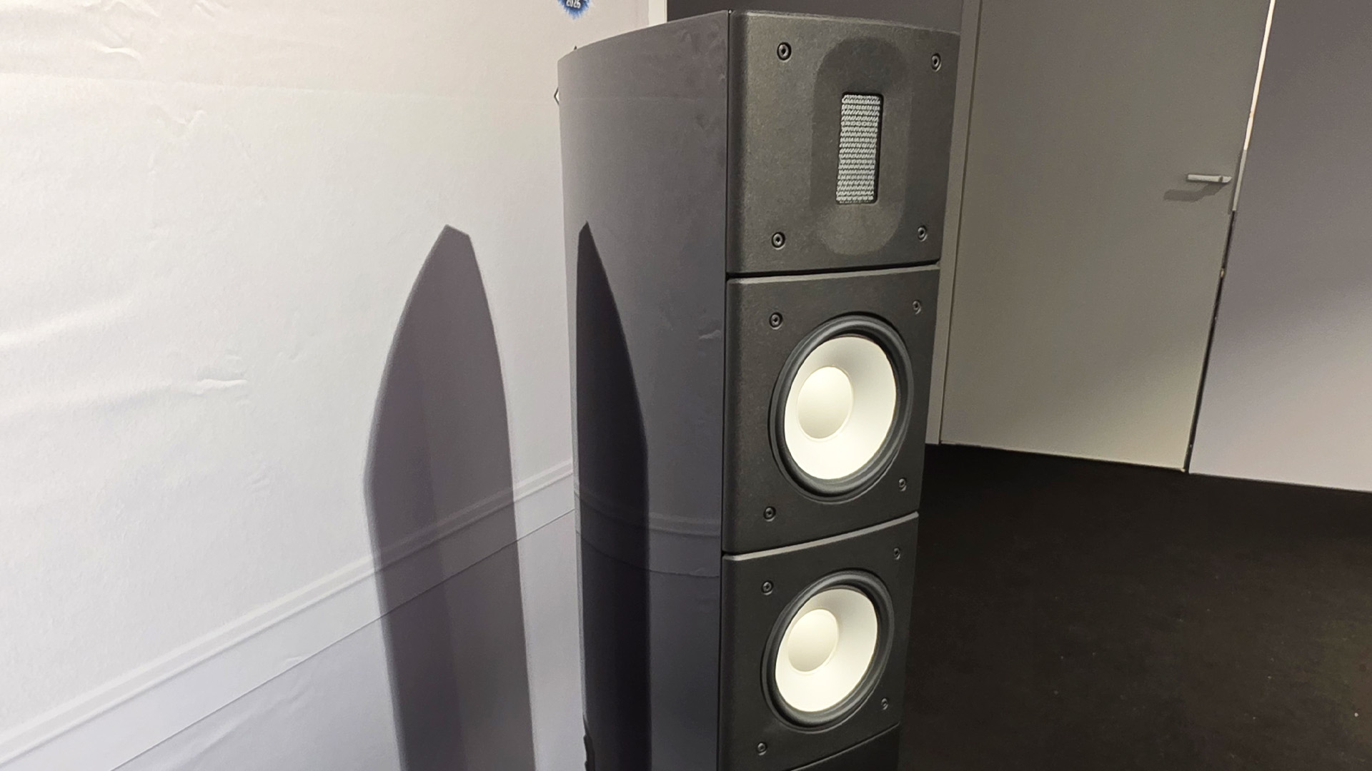 A floorstanding Raidho speaker in black