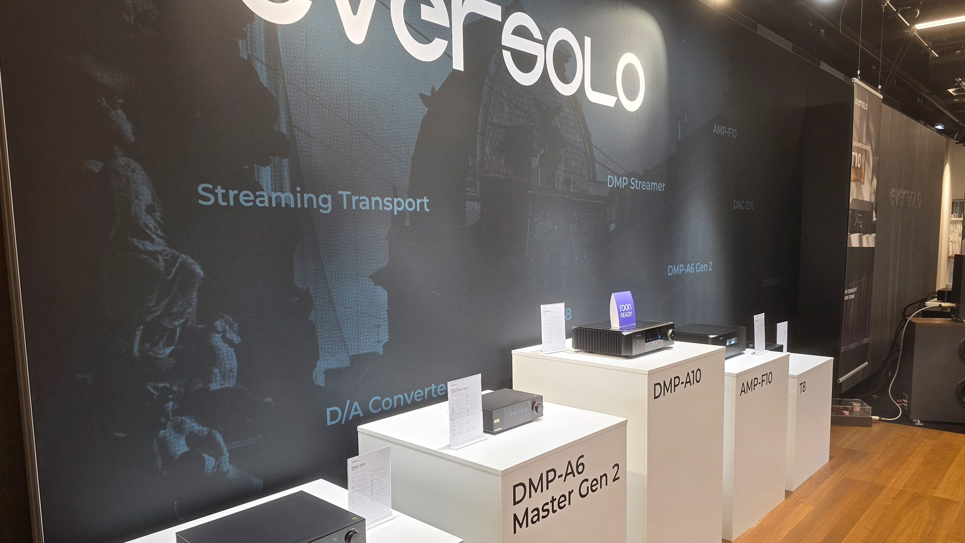A room at the Vienna HiFi show.  Showing Eversolo products on plinths