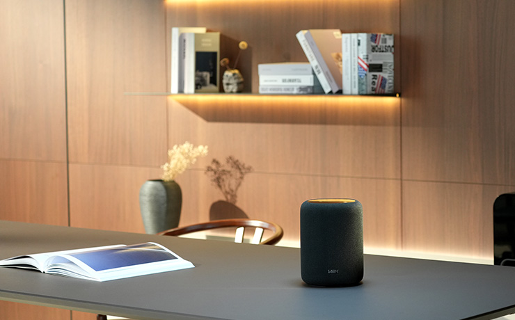 A black WiiM Sound Lite speaker on a table in a living space