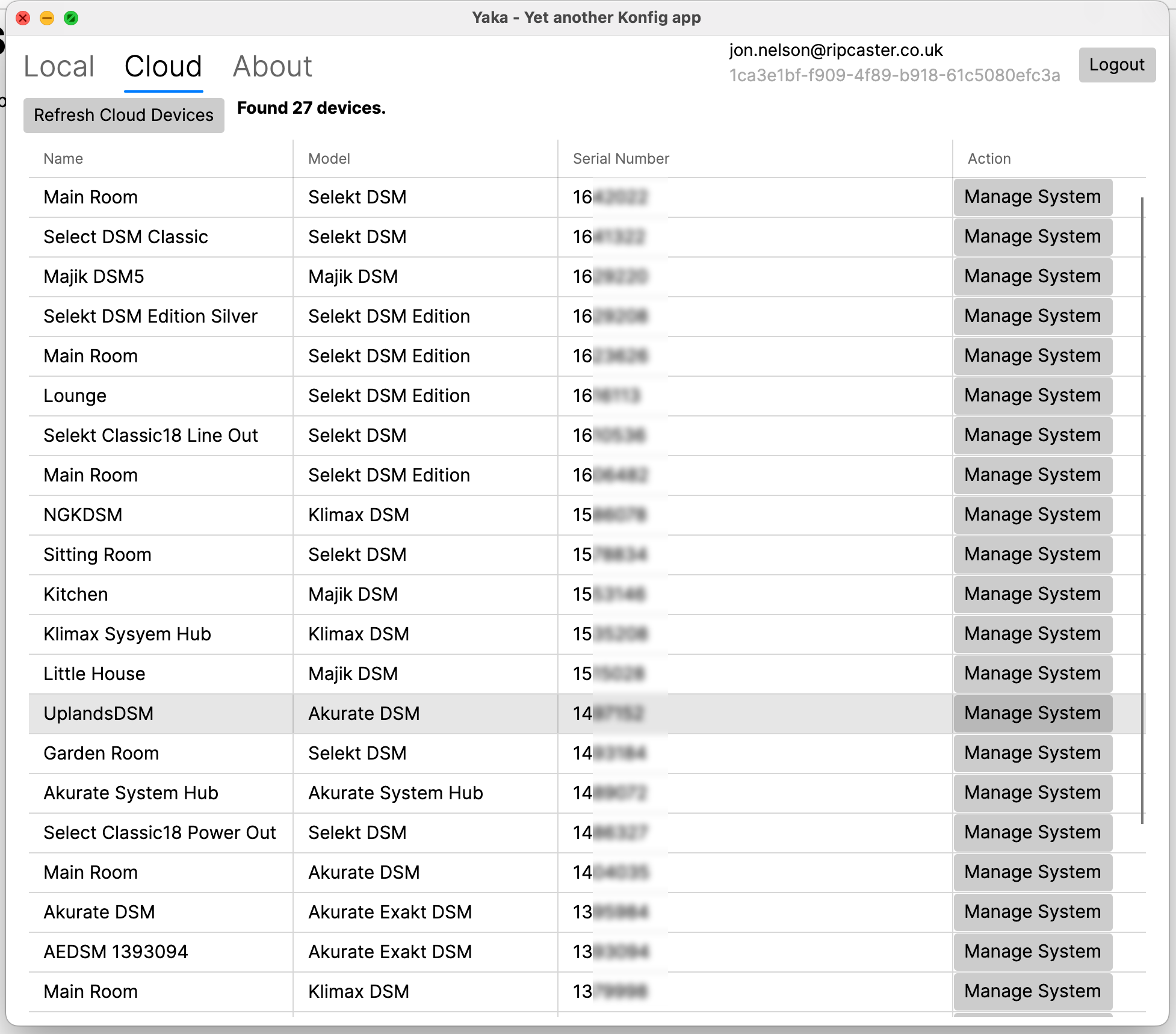 Yaka - Cloud tab show devices associated with Linn account