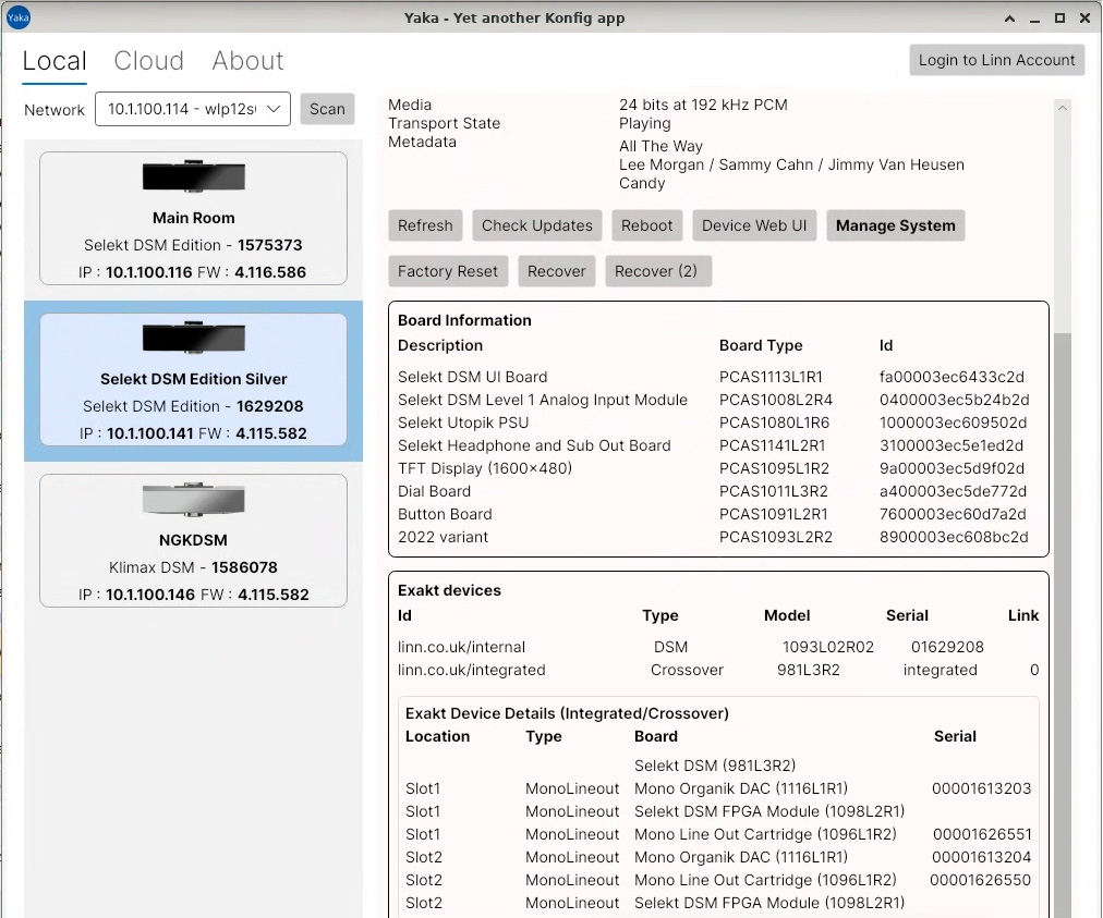 Yaka - The Linux version. Shows the cartridges and DACs installed on a Selekt DSM